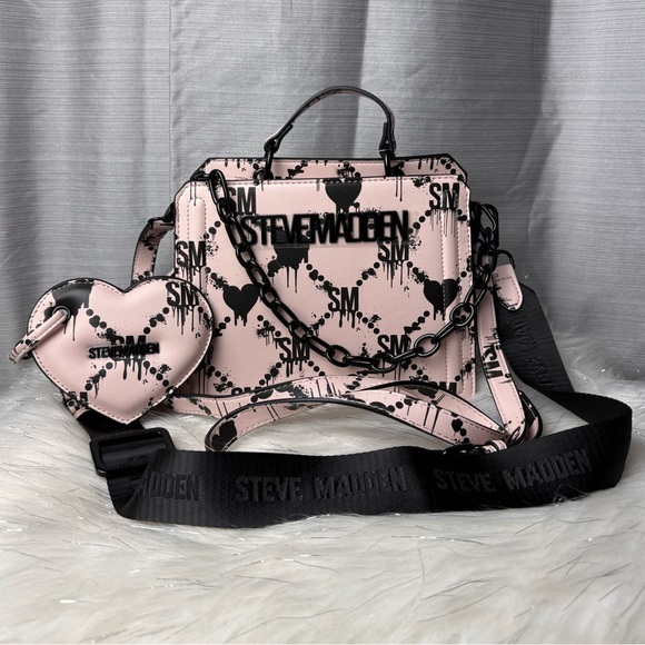 STEVE MADDEN Lilac Pink Dripping Hearts Satchel Crossbody Bag - Picture 1 of 10